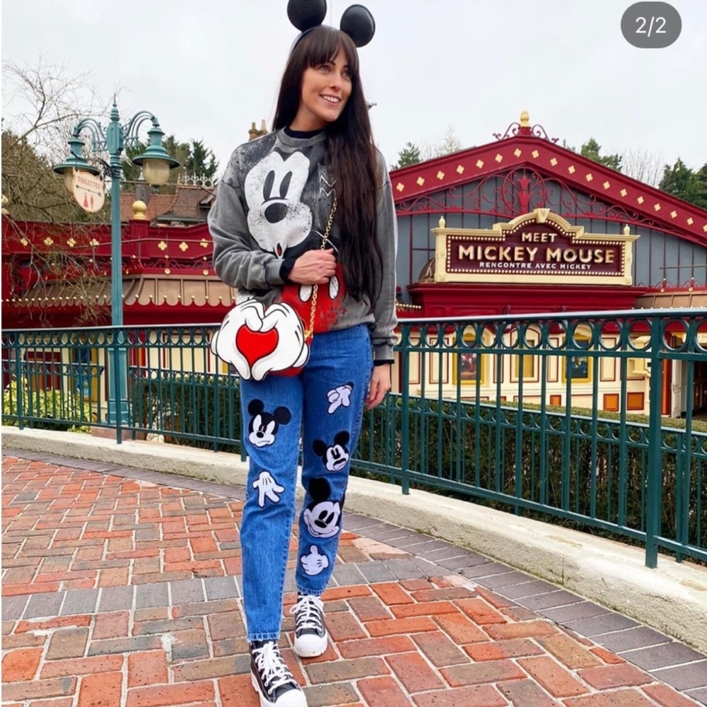 RARE Zara x Disney Mickey Mouse Patchwork Mom Jeans Distressed Lightwash Sz 8